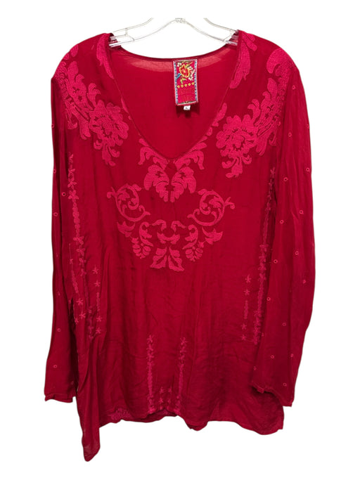 Johnny Was Size Large Red Cupra Rayon Long Sleeve Floral Embroidery V Neck Top Red / Large