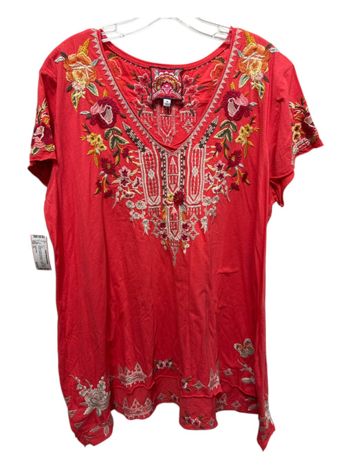 Johnny Was Size XL Orange & Multi Polyester & Cotton Short Sleeve V Neck Top Orange & Multi / XL