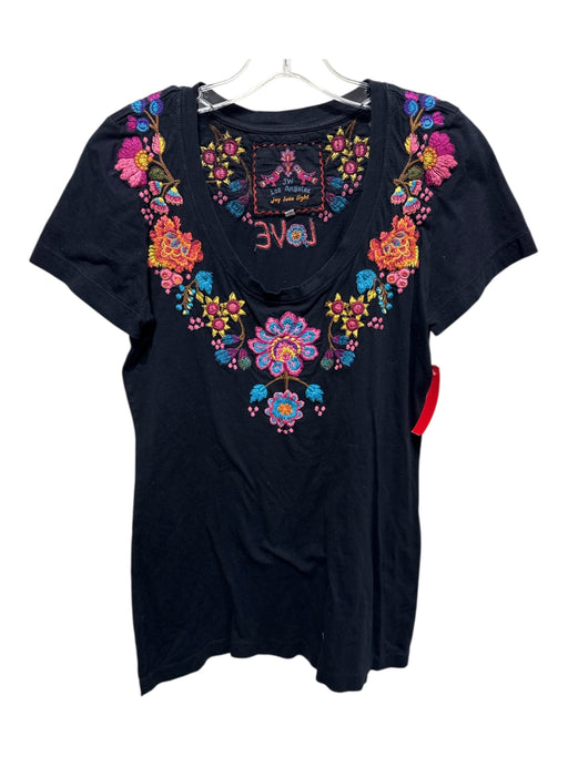 Johnny Was Size M Black, Blue & Multi Cotton Short Sleeve Floral Embroidery Top Black, Blue & Multi / M