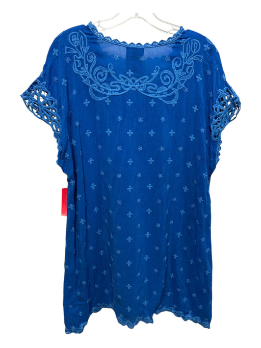 Johnny Was Size XL Turquiose Cupro Rayon Short Sleeve Floral Embroidery Top Turquiose / XL