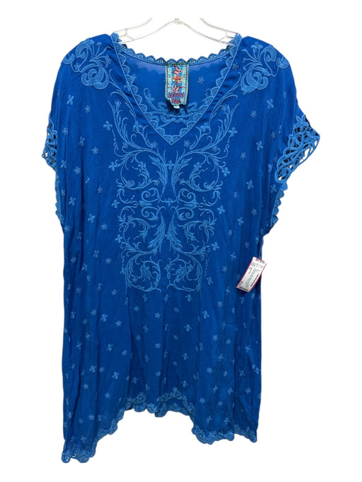 Johnny Was Size XL Turquiose Cupro Rayon Short Sleeve Floral Embroidery Top Turquiose / XL