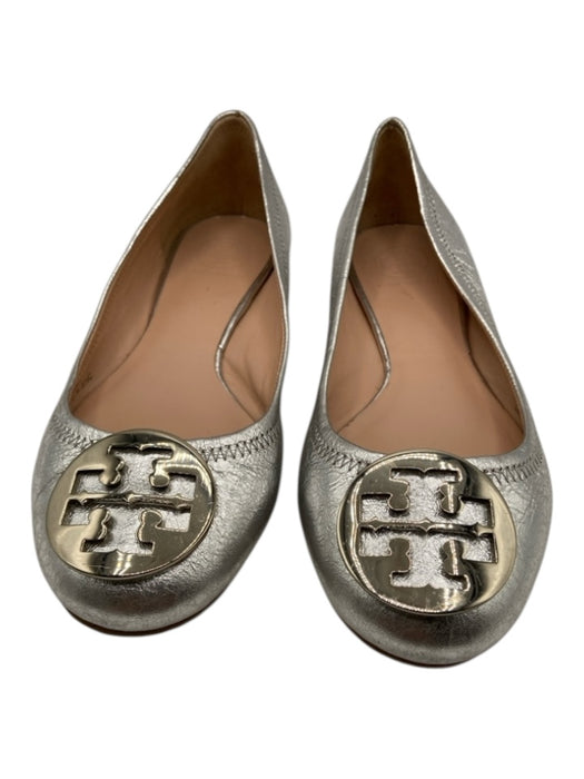 Tory Burch Shoe Size 8.5 Silver Leather Round Toe Logo Wrinkled Ballerina Flats Silver / 8.5