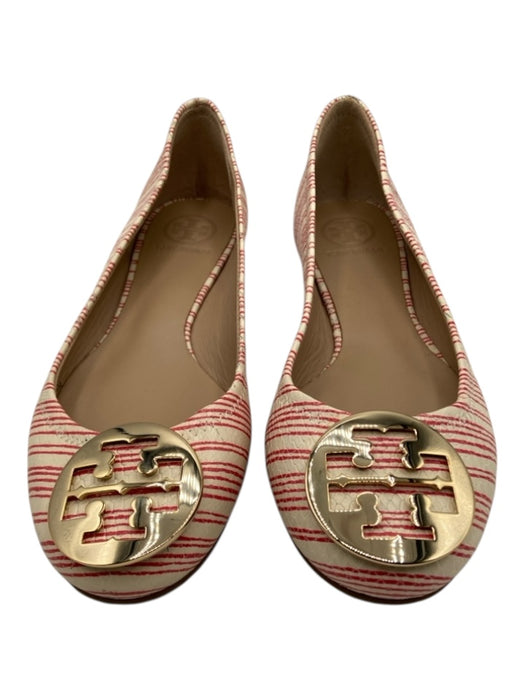 Tory Burch Shoe Size 8.5 Red, cream & gold Leather Round Toe Logo Stripes Flats Red, cream & gold / 8.5