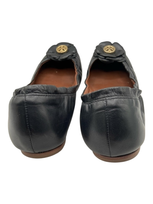 Tory Burch Shoe Size 8.5 Black & Gold Leather round toe Logo Flower Flats Black & Gold / 8.5