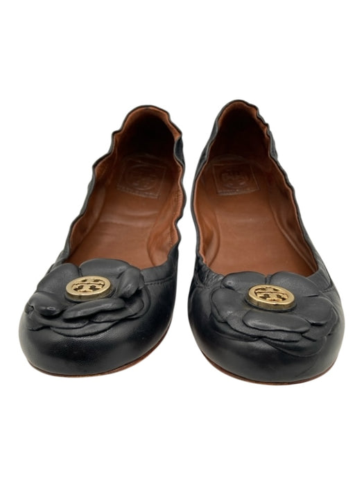 Tory Burch Shoe Size 8.5 Black & Gold Leather round toe Logo Flower Flats Black & Gold / 8.5