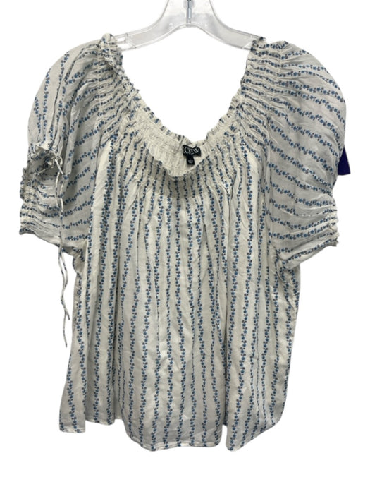 J Crew Size L White, Blue, Black Cotton Short Puff Sleeve Floral Top White, Blue, Black / L