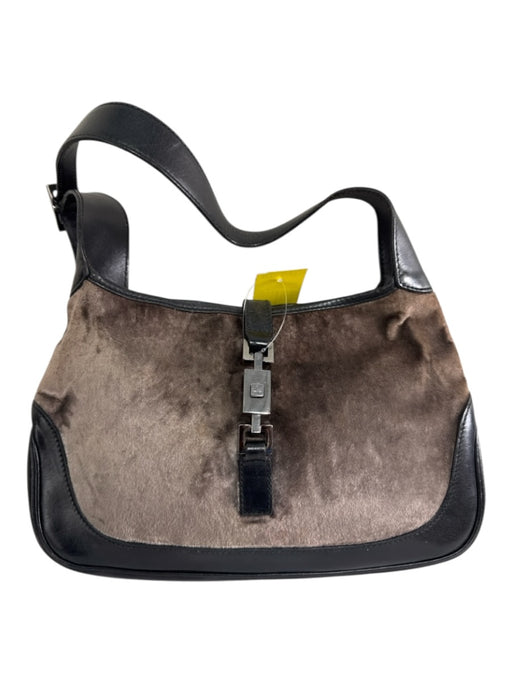 Gucci Black & Taupe Leather Velvet Silver Hardware Hobo Shoulder Bag Black & Taupe / Small