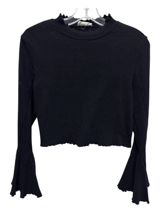Loveriche Size L Black Cotton Long Bell Sleeve Ribbed Lettuce Edge Cropped Top Black / L