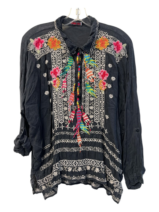 Johnny Was Size M Black Cupra Rayon Embroidered Half Button Collared Top Black / M