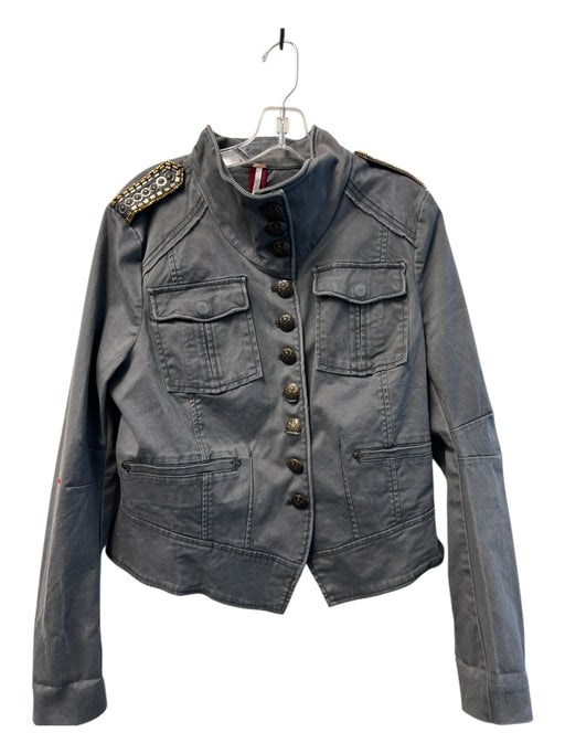 Free People Size L Gray Cotton Blend Distressed Metal Button Military Jacket Gray / L