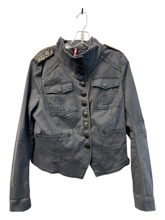 Free People Size L Gray Cotton Blend Distressed Metal Button Military Jacket Gray / L