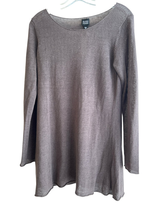 Eileen Fisher Size S Brown Linen Knit Boat Neck Long Sleeve Raw Hem Dress Brown / S