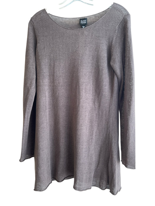 Eileen Fisher Size S Brown Linen Knit Boat Neck Long Sleeve Raw Hem Dress Brown / S