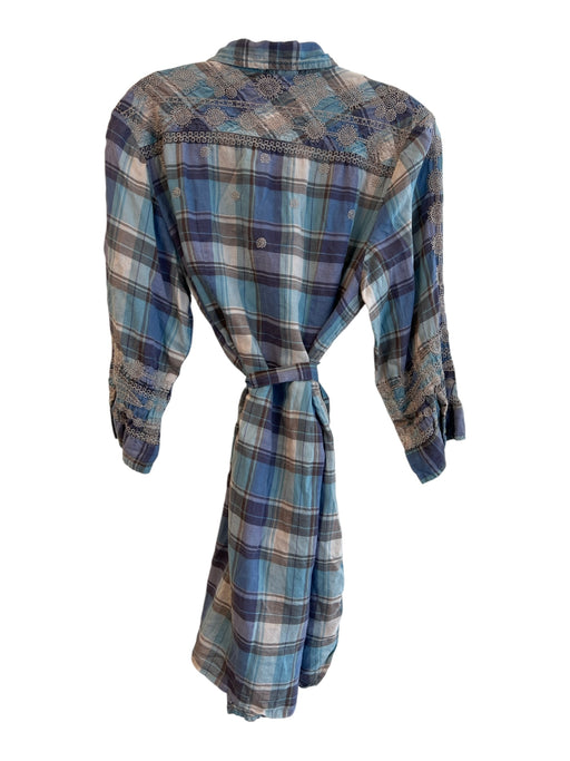 Johnny Was Size L Blue & Purple Tencel Collared Button Up 3/4 Sleeve Plaid Dress Blue & Purple / L