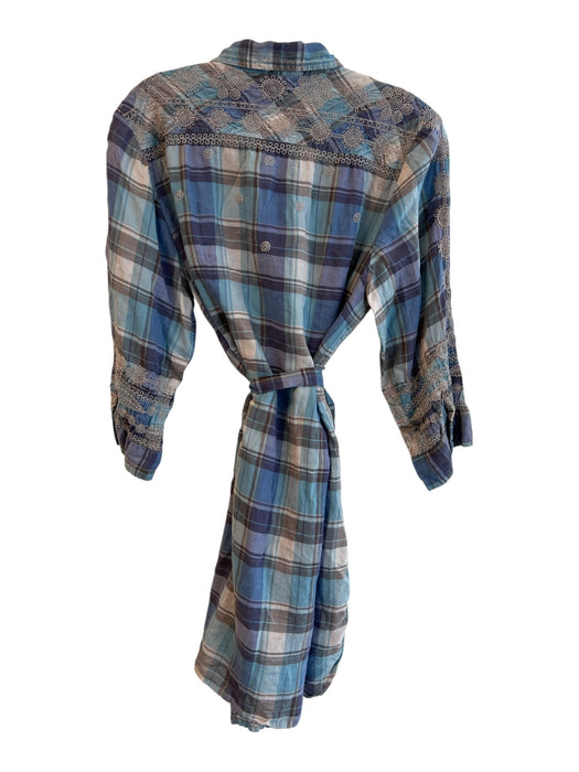 Johnny Was Size L Blue & Purple Tencel Collared Button Up 3/4 Sleeve Plaid Dress Blue & Purple / L