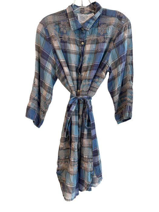 Johnny Was Size L Blue & Purple Tencel Collared Button Up 3/4 Sleeve Plaid Dress Blue & Purple / L
