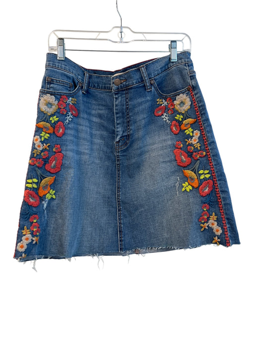 Johnny Was Size 29 Medium Wash Cotton Denim Embroidered Zip Front Skirt Medium Wash / 29