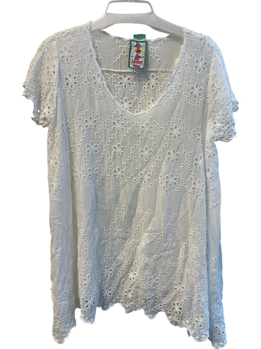 Johnny Was Size M White Cotton Eyelet Lace V Neck Cap Sleeve Top White / M