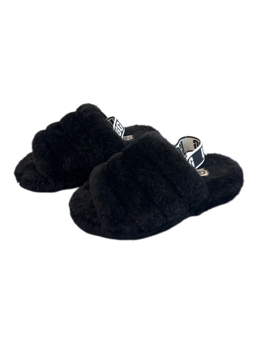 Ugg Shoe Size est 6 Black Missing Fabric Tag Shearling Elastic Strap Slide Shoes Black / est 6