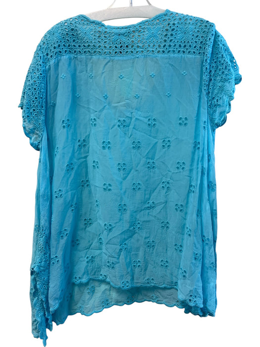 Johnny Was Size M Blue Cotton Eyelet Lace V Neck Cap Sleeve Top Blue / M