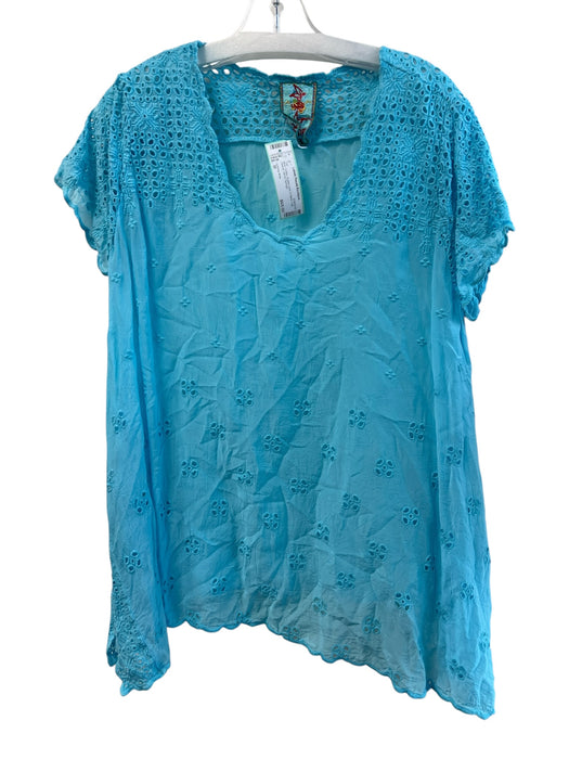 Johnny Was Size M Blue Cotton Eyelet Lace V Neck Cap Sleeve Top Blue / M