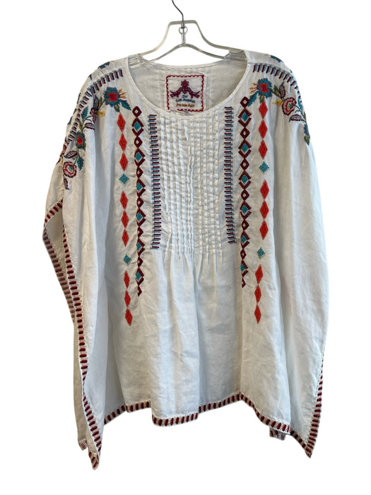 Johnny Was Size S White & Multi Linen Round Neck Short Sleeve Pintucks Top White & Multi / S