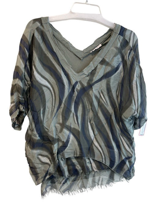 Gigi Moda Size Est S Grey & Green Silk V Neck & Back Short Sleeve Top Grey & Green / Est S