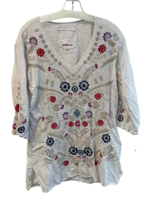 Johnny Was Size M White & Multi Cotton Embroidered Collared Button Up Tunic Top White & Multi / M