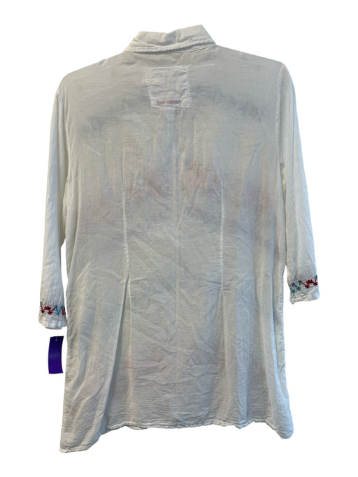 Johnny Was Size S Beige Cotton V Neck 1/2 Sleeve Floral Embroideries Top Beige / S