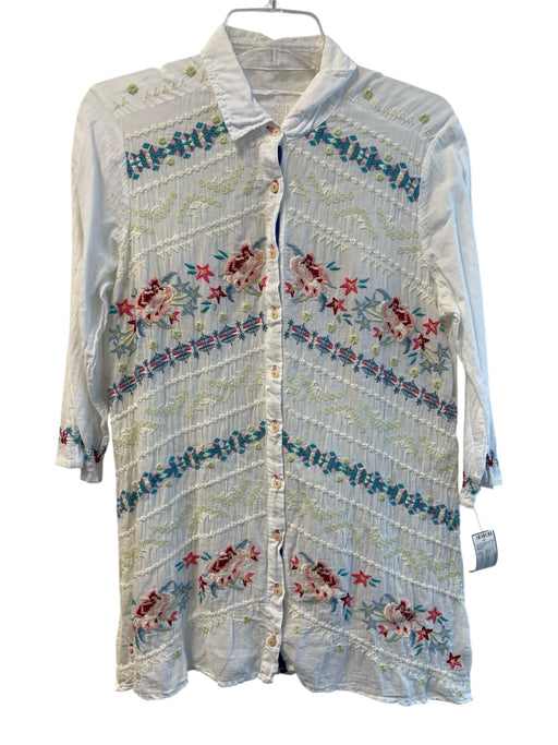 Johnny Was Size S Beige Cotton V Neck 1/2 Sleeve Floral Embroideries Top Beige / S