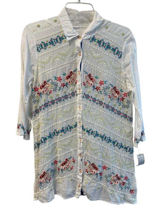 Johnny Was Size S Beige Cotton V Neck 1/2 Sleeve Floral Embroideries Top Beige / S