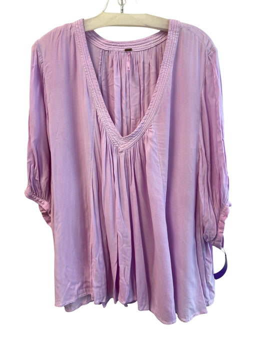 Free People Size M Purple Rayon V Neck Short Puff Sleeve Pleated Flower Top Purple / M