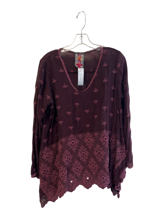 Johnny Was Size S Purple Rayon Long Sleeve Embroidered Round Neck Semi Sheer Top Purple / S