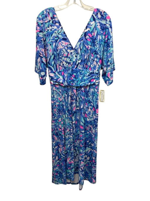 Lilly Pulitzer Size M Blue & Pink Missing Fabric Tag V Neck Short Sleeve Dress Blue & Pink / M