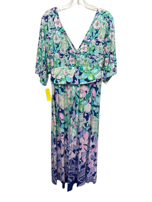 Lilly Pulitzer Size L Blue, Green & Pink Missing Fabric Tag Floral V Neck Dress Blue, Green & Pink / L