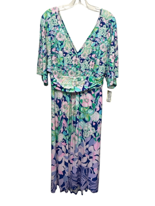 Lilly Pulitzer Size L Blue, Green & Pink Missing Fabric Tag Floral V Neck Dress Blue, Green & Pink / L