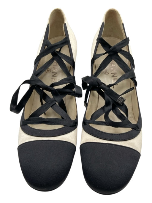 Chanel Shoe Size 39 Black & Cream Satin Ribbon lace up Cap Toe colorblock Pumps Black & Cream / 39
