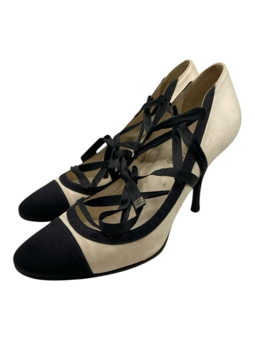 Chanel Shoe Size 39 Black & Cream Satin Ribbon lace up Cap Toe colorblock Pumps Black & Cream / 39