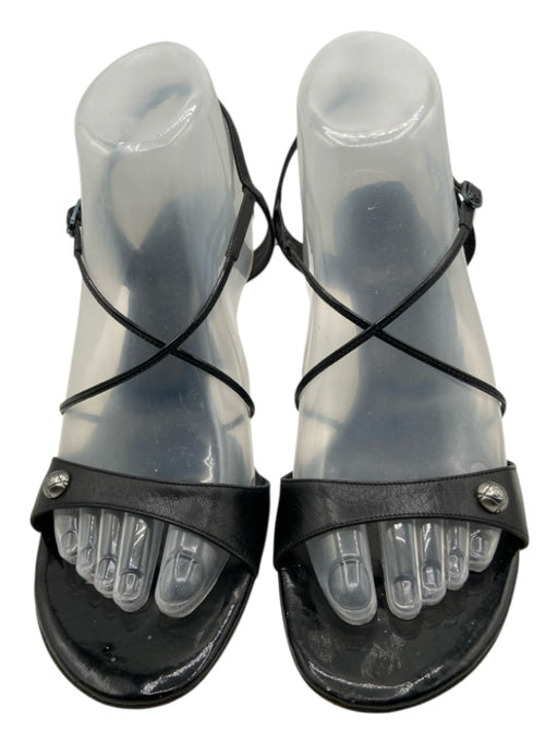 Chanel Shoe Size 39 Black & Silver Leather Metal Heel Round Toe Mid Heel Sandals Black & Silver / 39
