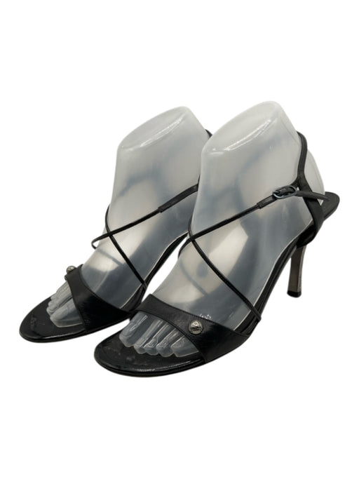Chanel Shoe Size 39 Black & Silver Leather Metal Heel Round Toe Mid Heel Sandals Black & Silver / 39