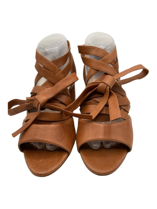 Miu Miu Shoe Size 39 Cognac Brown Leather Round Toe Block Heel Lace Up Sandals Cognac Brown / 39
