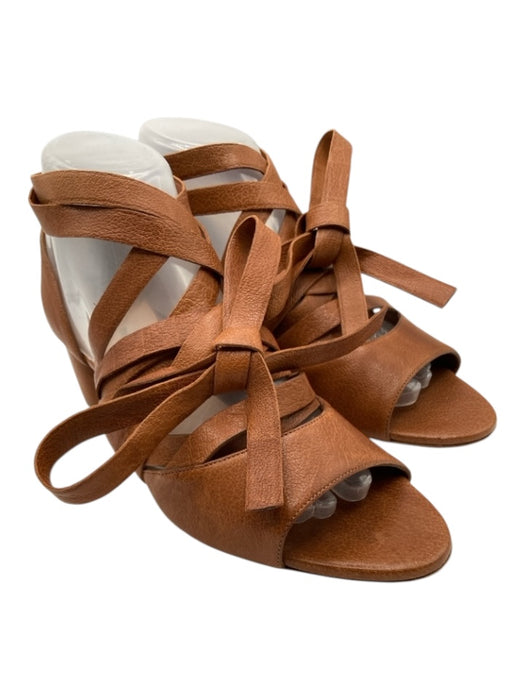 Miu Miu Shoe Size 39 Cognac Brown Leather Round Toe Block Heel Lace Up Sandals Cognac Brown / 39