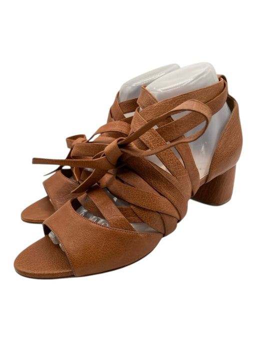 Miu Miu Shoe Size 39 Cognac Brown Leather Round Toe Block Heel Lace Up Sandals Cognac Brown / 39