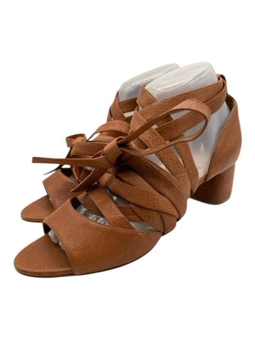 Miu Miu Shoe Size 39 Cognac Brown Leather Round Toe Block Heel Lace Up Sandals Cognac Brown / 39