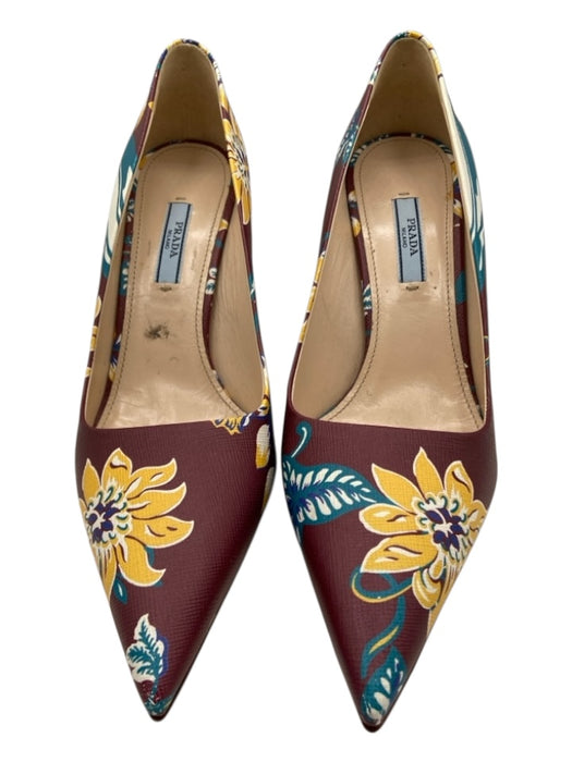Prada Shoe Size 39 Burgundy, Yellow & Multi Leather Painted Floral Pumps Burgundy, Yellow & Multi / 39