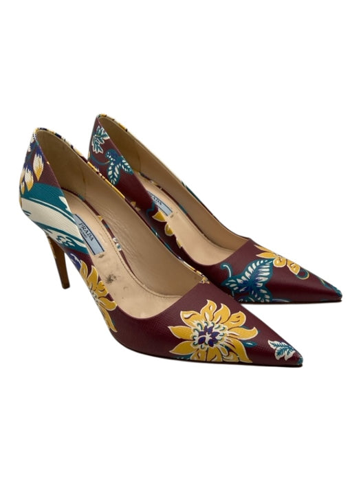 Prada Shoe Size 39 Burgundy, Yellow & Multi Leather Painted Floral Pumps Burgundy, Yellow & Multi / 39