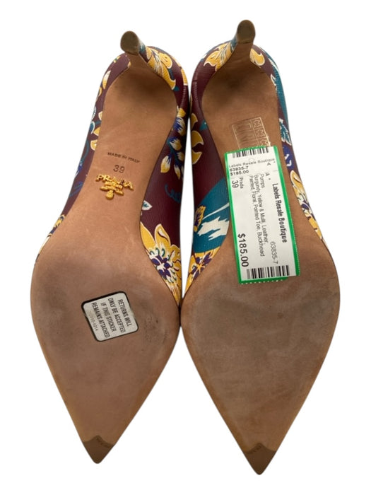 Prada Shoe Size 39 Burgundy, Yellow & Multi Leather Painted Floral Pumps Burgundy, Yellow & Multi / 39