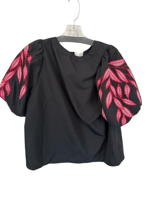Entro Size S Black & Red Polyester Blend Balloon Sleeve Leaf Design V Neck Top Black & Red / S