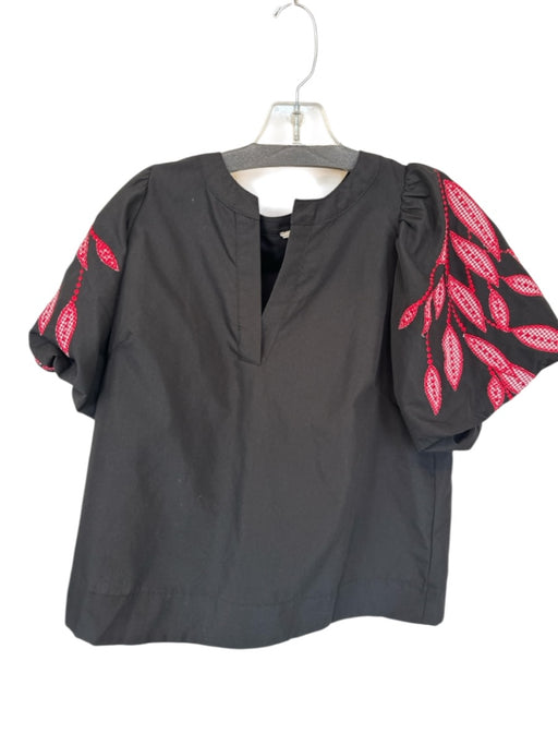Entro Size S Black & Red Polyester Blend Balloon Sleeve Leaf Design V Neck Top Black & Red / S