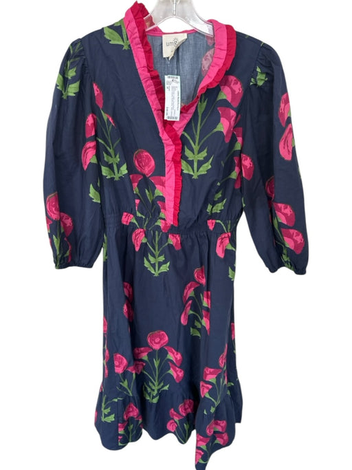 Umgee Size M Navy & Pink Cotton Long Balloon Sleeve Flowers Ruffle collar Dress Navy & Pink / M